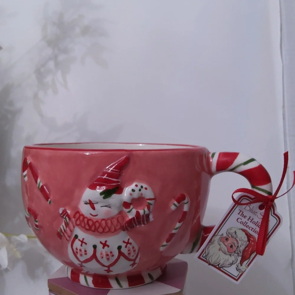 Blue Sky Festive Pink Snowman Mug with Candy Cane Handle, NWT